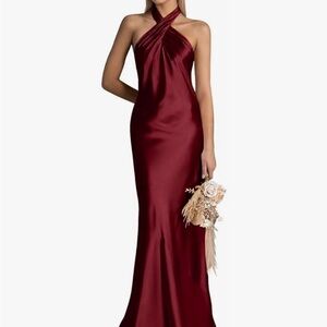 Linda Novio Strapless Halter Satin Mermaid Bridesmaid Burgundy Dress Size 2